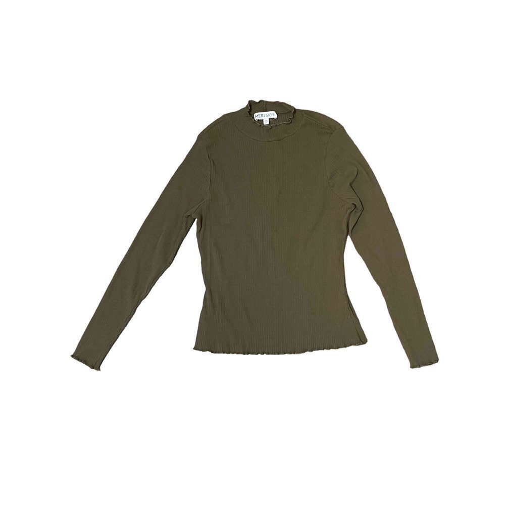 Meri SKYE TURTLENECK‎ TOP RIBBED KNIT SCALLOPED NECK CUFFS DARK GREEN